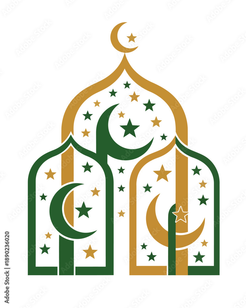 Fototapeta premium Celebrating Eid during Ramadhan with Islamic motifs and crescent moons in a serene mosque illustration