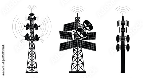 Three communication towers transmit signals depicted as striking black shapes against a white backdrop silhouette high quality professional detailed modern elegant