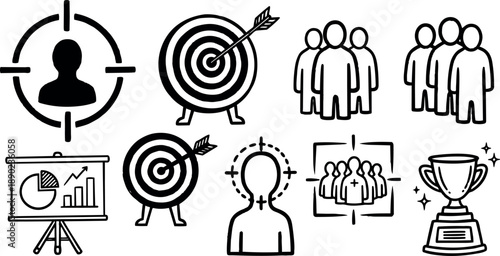 Hand drawn vector icons of target audience analysis, group demographics, marketing charts, trophy achievement symbols collection