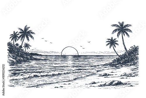 Peaceful tropical beach landscape vector illustration in vintage woodcut style featuring the rising sun ocean waves and palm tree silhouettes.