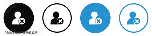 Four user icons with a cross "X" mark, signifying removal or deletion. Black and blue circular vector graphics for account management, blocked contacts, and member cancellation.