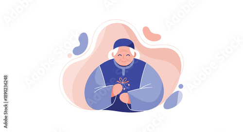 Elderly person with a warm smile wearing traditional blue clothing and a cap holding a gift with a soft abstract background representing kindness and generosity, Generative AI.