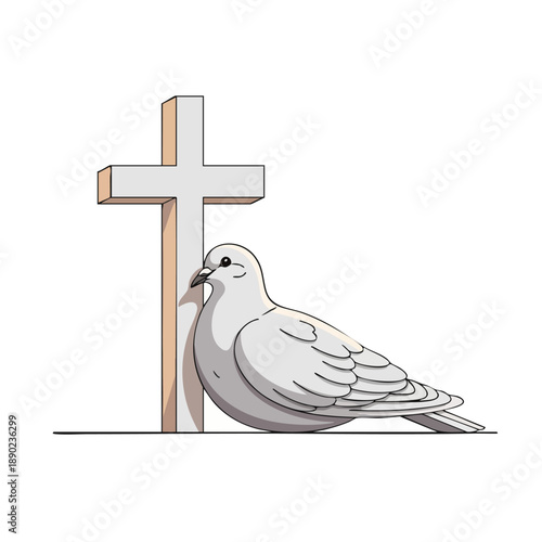 Vector illustration of a dove standing beside a cross on a white background, with a simple and symbolic composition.