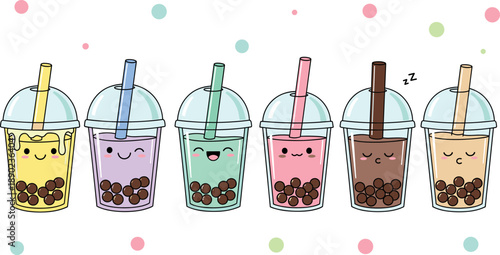 Cute boba milk tea characters set with different flavors and funny faces for cafe menu design vector