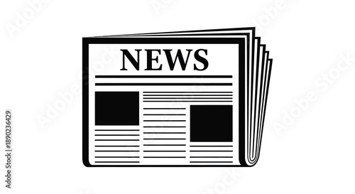 A black and white graphic depicts a newspaper with the word news prominently displayed rendered as a bold silhouette high quality