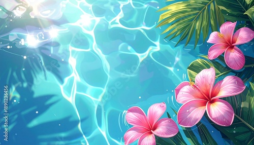 Tropical pool with pink plumeria flowers on blue water background for relaxing summer vibes