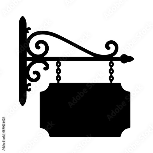 Wrought Iron Hanging Signboard Bracket Silhouette for Cafe Restaurant and Retail Signage Design, wrought iron sign vector, frame, signboard, border, hanging, board, blank, vintage