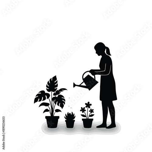A woman watering plants in a serene and peaceful environment on transparent background