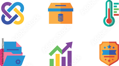 Set of six colorful flat icons representing business concepts