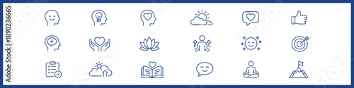 Positive Thinking Line Editable Icons set. Vector illustration in modern thin style of mental health related icons: self-care, optimism, emotional control, and more. Isolated on white background