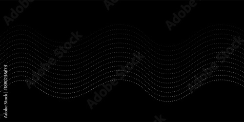 Wave dots abstract pattern. Flow of white curved dotted lines vector illustration isolated on black background. Dynamic shiny swirl backdrop. Digital, technology, ia, music, modern design element.