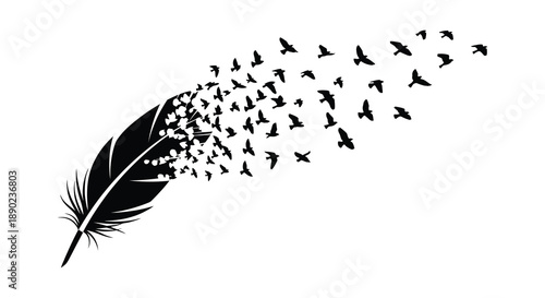 A striking black feather transforms into a flock of birds in flight creating a dynamic and artistic silhouette high quality professional
