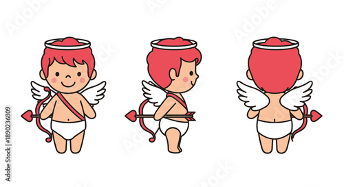 Adorable cupid character in front side and back views holding a bow and arrow perfect for Valentine's Day love and romantic themes, Generative AI.