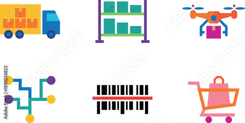 Logistics and e-commerce icons including truck, drone, and shopping cart