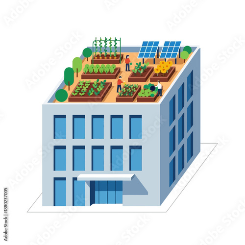 A modern building with a rooftop garden and solar panels viewed from an isometric perspective