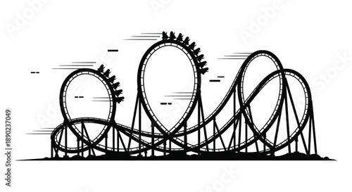A black and white illustration depicts a looping roller coaster track with speed lines presented as a striking silhouette high quality