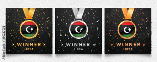 A distinguished collection of gold, silver, and bronze medals, each featuring the vibrant flag of Libya, set against a sophisticated dark background with celebratory confetti and sparkling accents, pe