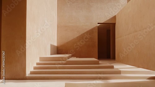 Architectural space featuring geometric forms, steps, and textured walls, showcasing a harmonious play of natural light and deep shadows, evoking a feeling of tranquility and modern design