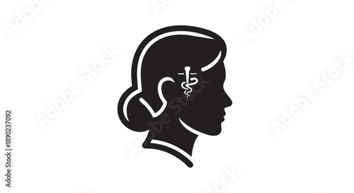 Simple black and white illustration of a woman's profile with a medical symbol on her eye