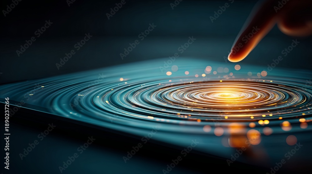 Obraz premium A glowing digital bullseye interface on a sleek, dark touchscreen. A fingertip is about to touch the center, causing a ripple of light to emanate from the point of contact