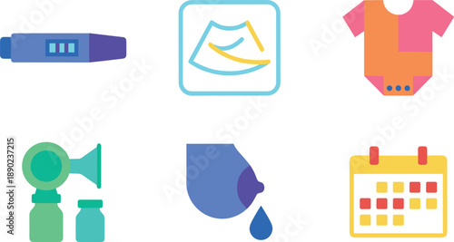 Pregnancy and motherhood icons: test, ultrasound, baby clothes, pump, breastfeeding, calendar