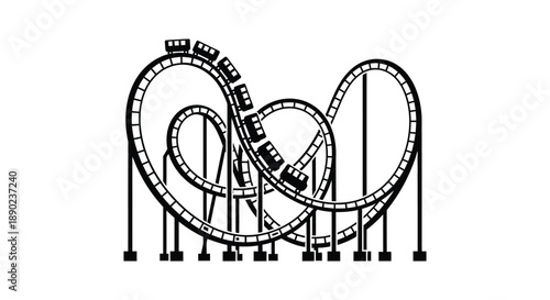 A black and white illustration depicts a looping rollercoaster track with two trains creating a striking silhouette high quality professional detailed