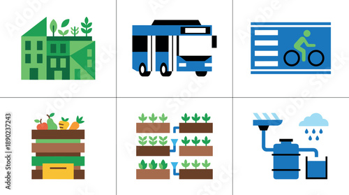 Sustainable city icons: green buildings, transport, and urban farming