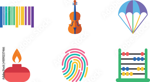 Collection of colorful icons for music, science, and hobbies