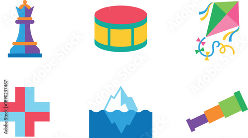 Collection of colorful flat icons for games, travel, and symbols