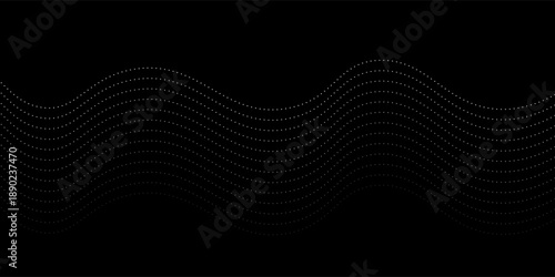 Wave dots abstract pattern. Flow of white curved dotted lines vector illustration isolated on black background. Dynamic shiny swirl backdrop. Digital, technology, ia, music, modern design element.