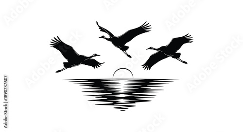 A minimalist depiction of three birds in flight over water with a rising sun rendered as a striking silhouette high quality