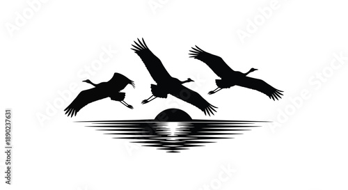 A minimalist design featuring three birds in flight over water with a sun rendered as a striking silhouette high quality professional