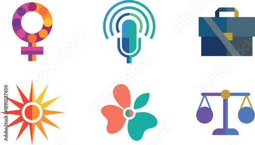 Collection of six modern flat icons with bright colors