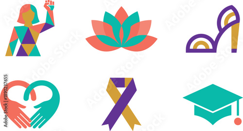 Set of diverse modern flat icons representing women, love, and education