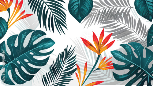 Vibrant tropical foliage arrangement featuring large green monstera leaves and striking orange royal poinciana petals against a clean white