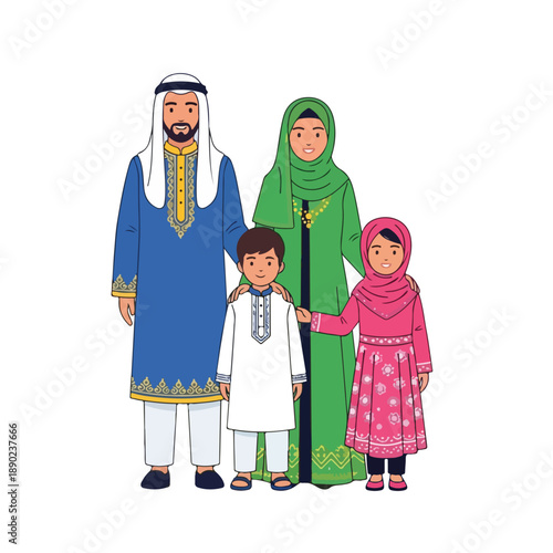 Traditional Middle Eastern family in cultural attire standing together