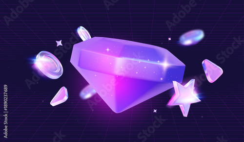 Holographic glowing diamond with coins and stars on retro grid background. Vector casino game rewards and lottery concept