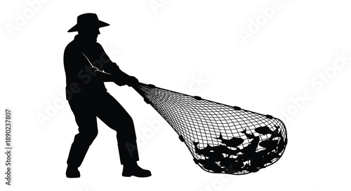 A fisherman carrying a net full of fish rendered in a striking black silhouette high quality professional detailed modern elegant stylish