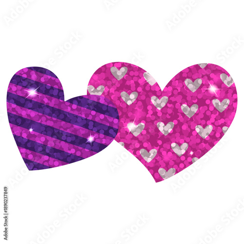 Two glitter hearts with bokeh confetti: purple striped and pink with silver heart pattern on white background. Romantic valentine glistering sticker for greeting cards, banners, posters, ads.