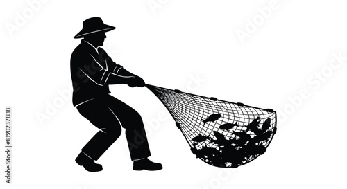 A black silhouette depicts a man pulling a large net filled with fish showcasing a classic artistic style silhouette high quality