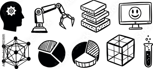 Black and white icons set of human head gear robotic arm data servers smiley face network pie charts cube and test tube technology symbols