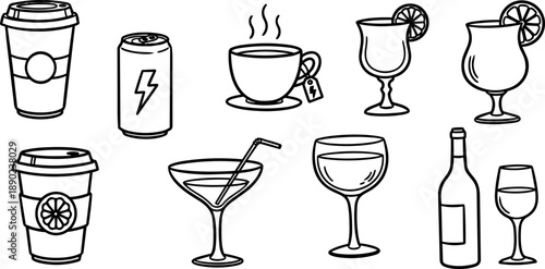 Black line art vector set of various drink containers including coffee cups, soda can, tea cup, cocktail glasses and wine bottle with glass