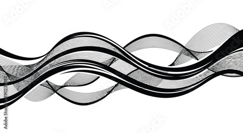 Abstract flowing lines create a dynamic wave like pattern in black and white resembling ribbon shapes a striking silhouette high quality