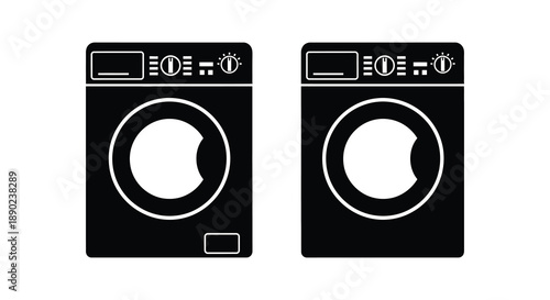 Two black washing machines are depicted in a stark minimalist style presented as a bold silhouette high quality professional detailed modern