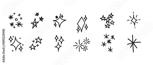Hand drawn star spark doodle element icon set. Hand drawn sketch doodle style. 