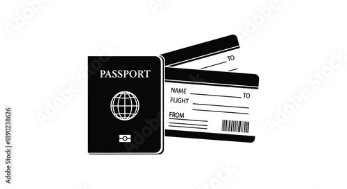 A black and white depiction of an open passport with visible page details presented as a striking silhouette high quality professional