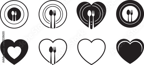 Heart and plate icons with cutlery: a collection of love and food symbols