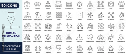 Human interaction line icon set. Includes friendship, communication, meeting and more. Editable stroke. Vector illustration.	