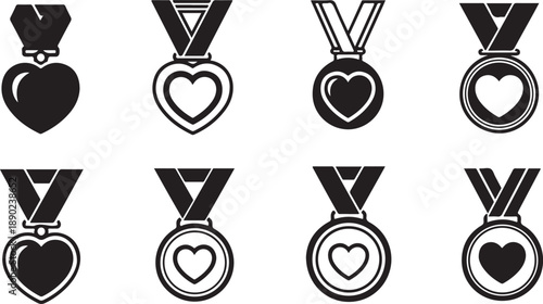 Collection of heart-shaped medals with ribbons