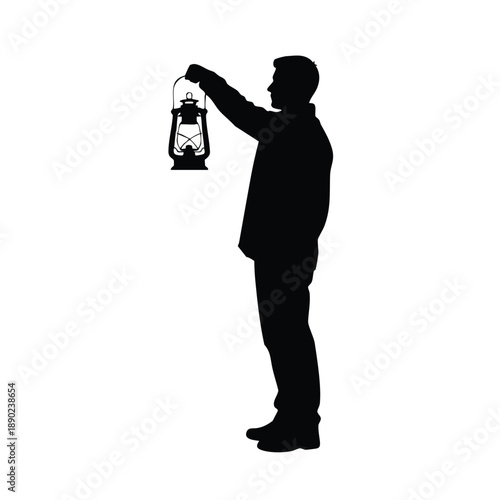 A silhouette of a man holding a lantern on transparent background